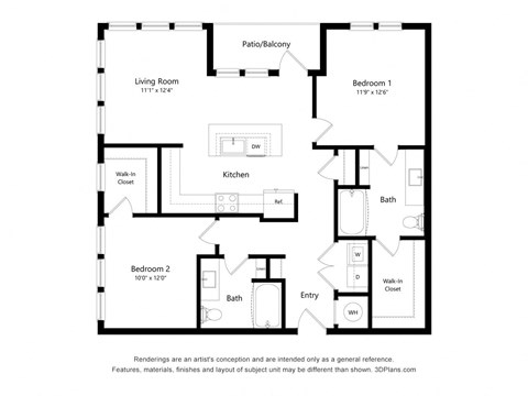Floor plan for 2 beds, 2 baths, 1121 sqft